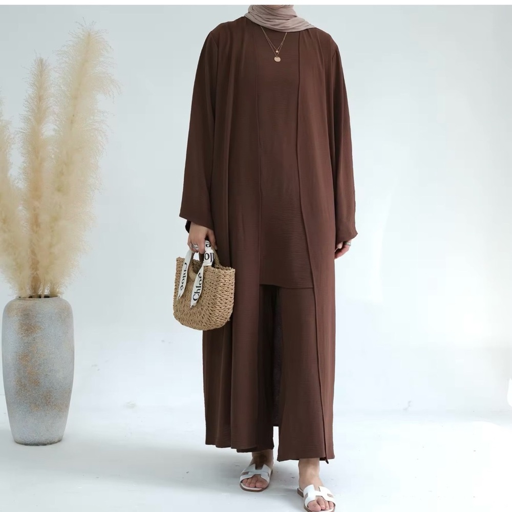 3 PCS Pants Set Brown Lightweight Open Front Cardigan